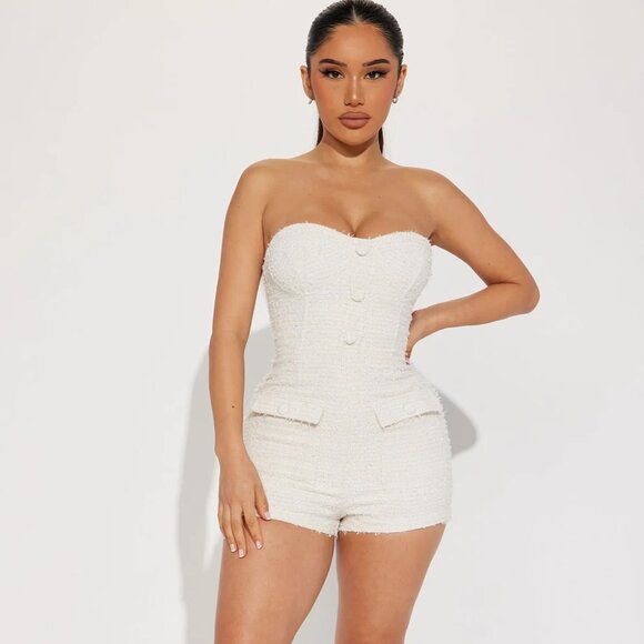 NEW! Blue Tweed Knit Sleeveless Tube Top Pearl Button Corset Shorts Romper - Picture 5 of 5